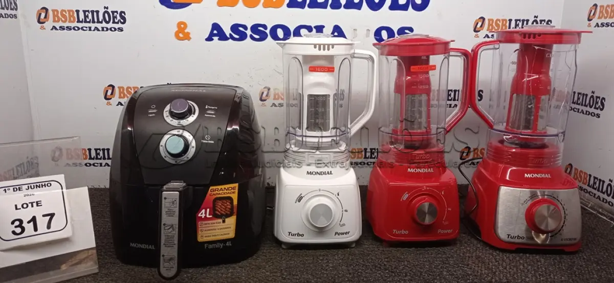 LOTE 317 - 01 AIR FRYER DE 4L 220V MARCA MONDIAL E 03 LIQUIDIFICADORES DE MODELOS DIVERSOS 220V MARCA MONDIAL. (NO ESTADO) ATENÇÃO! FAZER A VISITAÇÃO ANTES DE ARREMATAR, NÃO SABEMOS SE FUNCIONA, LEILÃO NÃO TEM GARANTIA E NEM DEVOLUÇÃO, SUJEITO A POSSÍVEIS AVARIAS VISÍVEIS/OCULTAS E/OU AUSÊNCIA DE COMPONENTES.