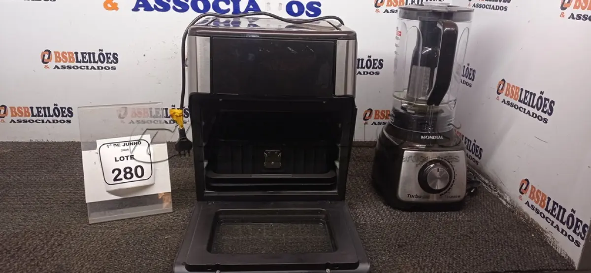 LOTE 280 - 01 AIR FRYER/FORNO 12L 220V MARCA MONDIAL E 01 LIQUIDIFICADOR 220V MARCA MONDIAL. (NO ESTADO) ATENÇÃO! FAZER A VISITAÇÃO ANTES DE ARREMATAR, NÃO SABEMOS SE FUNCIONA, LEILÃO NÃO TEM GARANTIA E NEM DEVOLUÇÃO, SUJEITO A POSSÍVEIS AVARIAS VISÍVEIS/OCULTAS E/OU AUSÊNCIA DE COMPONENTES.