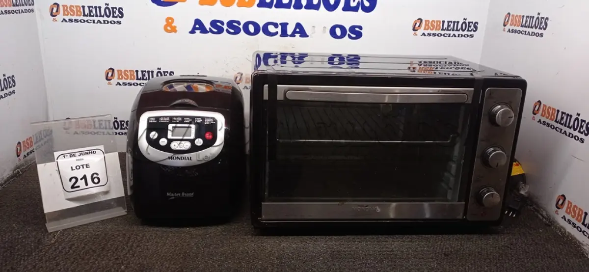 LOTE 216 - 01 FORNO 52L MODELO GRAND FAMILLY MARCA MONDIAL E 01 PANIFICADORA MODELO MASTER BREAD 220V MARCA MONDIAL. (NO ESTADO) ATENÇÃO! FAZER A VISITAÇÃO ANTES DE ARREMATAR, NÃO SABEMOS SE FUNCIONA, LEILÃO NÃO TEM GARANTIA E NEM DEVOLUÇÃO, SUJEITO A POSSÍVEIS AVARIAS VISÍVEIS/OCULTAS E/OU AUSÊNCIA DE COMPONENTES.