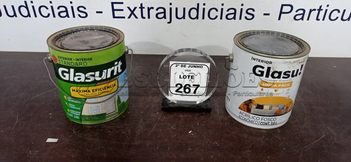LOTE 267 - 01 LATA DE TINTA ACRÍLICA STANDARD FOSCO 3,6L INTERIOR/EXTERIOR MARCA GLASURIT E 01 LATA DE TINTA ACRÍLICA FOSCO CAMURÇA 3,6L INTERIOR/EXTERIOR MARCA GLASURIT. (NO ESTADO) ATENÇÃO! FAZER A VISITAÇÃO ANTES DE ARREMATAR, NÃO SABEMOS SE FUNCIONA, LEILÃO NÃO TEM GARANTIA E NEM DEVOLUÇÃO, SUJEITO A POSSÍVEIS AVARIAS VISÍVEIS/OCULTAS E/OU AUSÊNCIA DE COMPONENTES.
