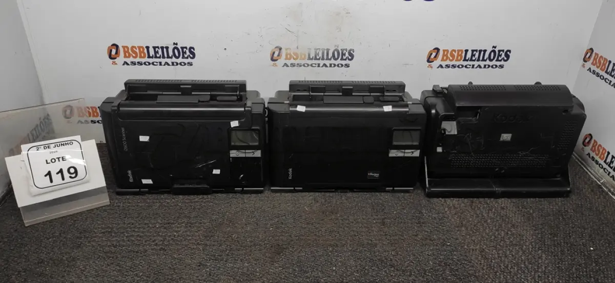 LOTE 119 - 03 SCANNERS MODELO I2600 MARCA KODAK. (NO ESTADO) ATENÇÃO! FAZER A VISITAÇÃO ANTES DE ARREMATAR, NÃO SABEMOS SE FUNCIONA, LEILÃO NÃO TEM GARANTIA E NEM DEVOLUÇÃO, SUJEITO A POSSÍVEIS AVARIAS VISÍVEIS/OCULTAS E/OU AUSÊNCIA DE COMPONENTES.