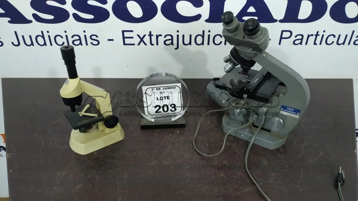 LOTE 203 - 02 MICROSCÓPIOS. (NO ESTADO) ATENÇÃO! FAZER A VISITAÇÃO ANTES DE ARREMATAR, NÃO SABEMOS SE FUNCIONA, LEILÃO NÃO TEM GARANTIA E NEM DEVOLUÇÃO, SUJEITO A POSSÍVEIS AVARIAS VISÍVEIS/OCULTAS E/OU AUSÊNCIA DE COMPONENTES.