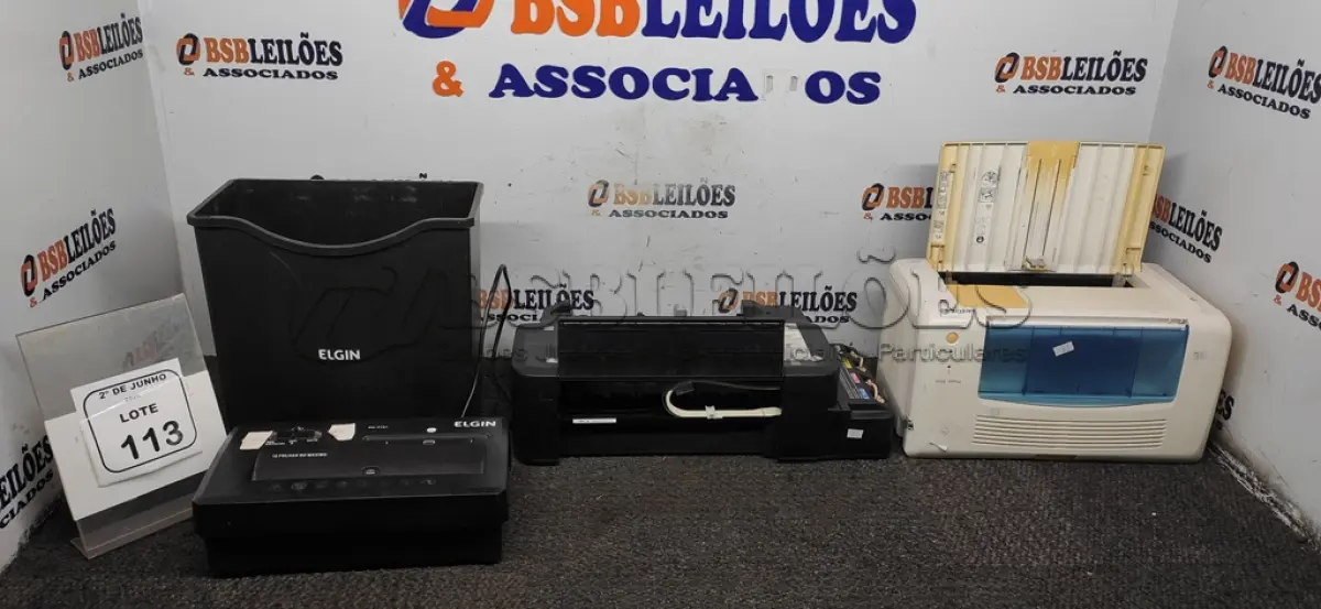 LOTE 113 - 01 FRAGMENTADORA DE PAPEL MARCA ELGIN, 01 IMPRESSORA MODELO L120 E 01 IMPRESSORA MODELO 3040 MARCA XEROX. (NO ESTADO) ATENÇÃO! FAZER A VISITAÇÃO ANTES DE ARREMATAR, NÃO SABEMOS SE FUNCIONA, LEILÃO NÃO TEM GARANTIA E NEM DEVOLUÇÃO, SUJEITO A POSSÍVEIS AVARIAS VISÍVEIS/OCULTAS E/OU AUSÊNCIA DE COMPONENTES.