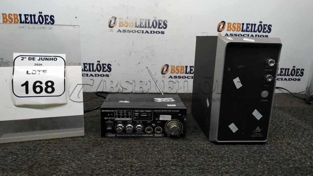 LOTE 168 - 01 AMPLIFICADOR DE ÁUDIO MARCA BRIWAX E 01 SISTEMA DE SOM MODELO 2.1 COM SUBWOOFER MARCA CLONE. (NO ESTADO) ATENÇÃO! FAZER A VISITAÇÃO ANTES DE ARREMATAR, NÃO SABEMOS SE FUNCIONA, LEILÃO NÃO TEM GARANTIA E NEM DEVOLUÇÃO, SUJEITO A POSSÍVEIS AVARIAS VISÍVEIS/OCULTAS E/OU AUSÊNCIA DE COMPONENTES.