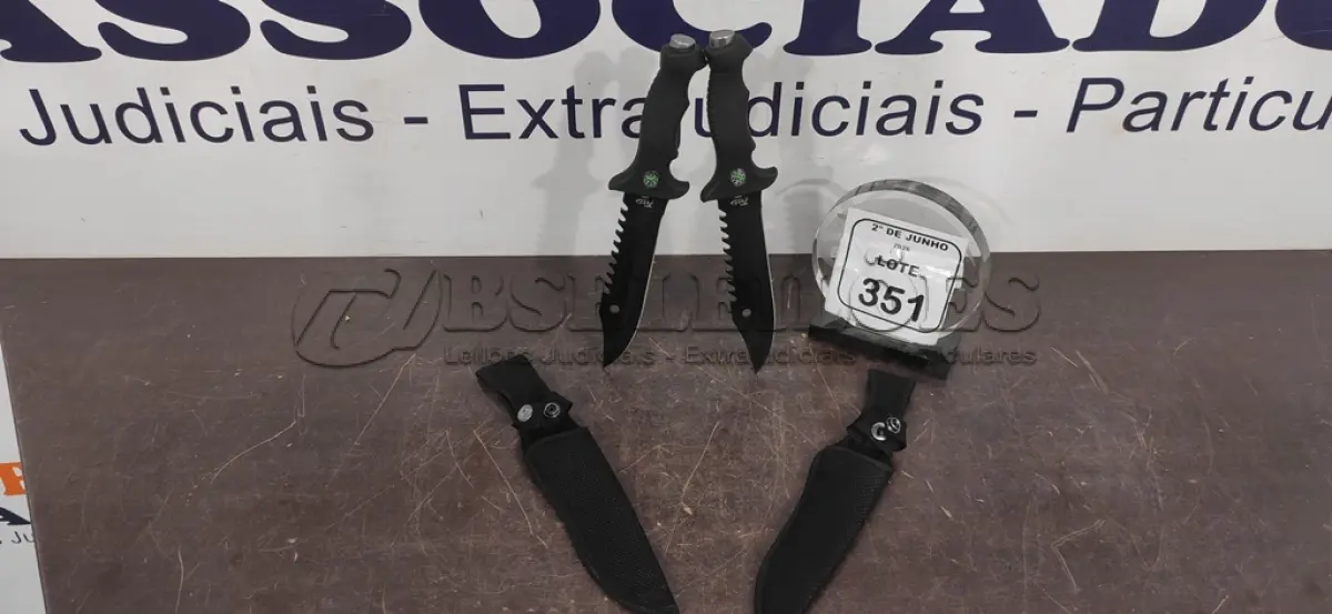 LOTE 351 - 02 FACAS TÁTICAS MILITAR 30CM COM BAINHA DE NYLON. (NO ESTADO) ATENÇÃO! FAZER A VISITAÇÃO ANTES DE ARREMATAR, NÃO SABEMOS SE FUNCIONA, LEILÃO NÃO TEM GARANTIA E NEM DEVOLUÇÃO, SUJEITO A POSSÍVEIS AVARIAS VISÍVEIS/OCULTAS E/OU AUSÊNCIA DE COMPONENTES.
