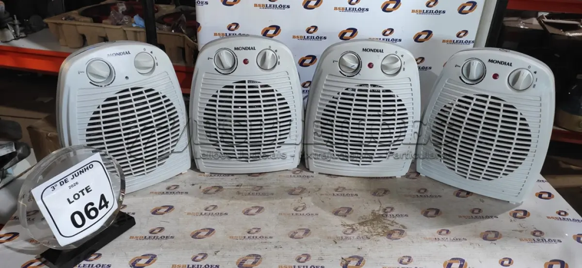 LOTE 064 - 04 AQUECEDORES MODELO A-08 220V MARCA MONDIAL. (NO ESTADO) ATENÇÃO! FAZER A VISITAÇÃO ANTES DE ARREMATAR, NÃO SABEMOS SE FUNCIONA, LEILÃO NÃO TEM GARANTIA E NEM DEVOLUÇÃO, SUJEITO A POSSÍVEIS AVARIAS VISÍVEIS/OCULTAS E/OU AUSÊNCIA DE COMPONENTES.