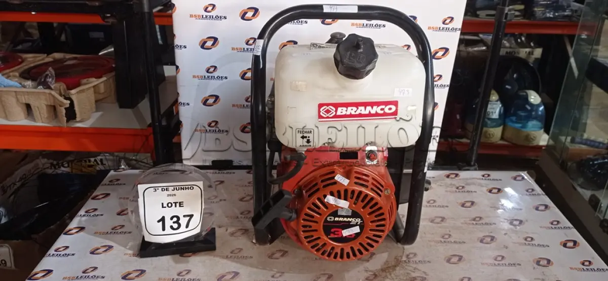 LOTE 137 - 01 MOTO-BOMBA 3.5 HP MARCA BRANCO. (NO ESTADO) ATENÇÃO! FAZER A VISITAÇÃO ANTES DE ARREMATAR, NÃO SABEMOS SE FUNCIONA, LEILÃO NÃO TEM GARANTIA E NEM DEVOLUÇÃO, SUJEITO A POSSÍVEIS AVARIAS VISÍVEIS/OCULTAS E/OU AUSÊNCIA DE COMPONENTES.