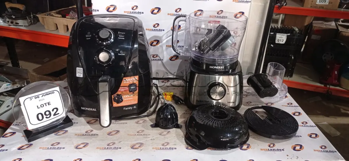 LOTE 092 - 01 MULTIPROCESSADOR 1000W 220V MARCA MONDIAL E 01 AIR FRYER 4L 220V MARCA MONDIAL. (NO ESTADO) ATENÇÃO! FAZER A VISITAÇÃO ANTES DE ARREMATAR, NÃO SABEMOS SE FUNCIONA, LEILÃO NÃO TEM GARANTIA E NEM DEVOLUÇÃO, SUJEITO A POSSÍVEIS AVARIAS VISÍVEIS/OCULTAS E/OU AUSÊNCIA DE COMPONENTES.