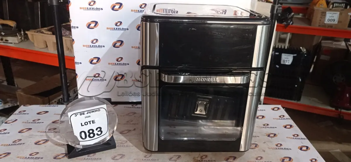 LOTE 083 - 01 AIR FRYER/FORNO 12L 220V MARCA MONDIAL. (NO ESTADO) ATENÇÃO! FAZER A VISITAÇÃO ANTES DE ARREMATAR, NÃO SABEMOS SE FUNCIONA, LEILÃO NÃO TEM GARANTIA E NEM DEVOLUÇÃO, SUJEITO A POSSÍVEIS AVARIAS VISÍVEIS/OCULTAS E/OU AUSÊNCIA DE COMPONENTES.
