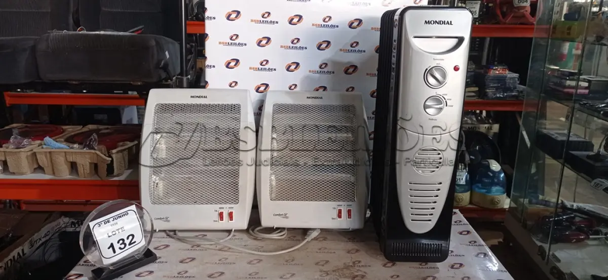 LOTE 132 - 03 AQUECEDORES DE MODELOS DIVERSOS MARCA MONDIAL. (NO ESTADO) ATENÇÃO! FAZER A VISITAÇÃO ANTES DE ARREMATAR, NÃO SABEMOS SE FUNCIONA, LEILÃO NÃO TEM GARANTIA E NEM DEVOLUÇÃO, SUJEITO A POSSÍVEIS AVARIAS VISÍVEIS/OCULTAS E/OU AUSÊNCIA DE COMPONENTES.