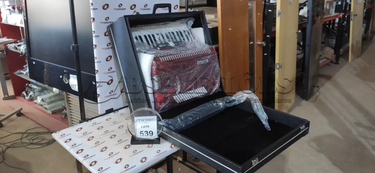 LOTE 539 - 01 ACORDEOM NA COR VERMELHA VIBRANTE MARCA TODESKINI COM CASE. (NO ESTADO) ATENÇÃO! FAZER A VISITAÇÃO ANTES DE ARREMATAR, NÃO SABEMOS SE FUNCIONA, LEILÃO NÃO TEM GARANTIA E NEM DEVOLUÇÃO, SUJEITO A POSSÍVEIS AVARIAS VISÍVEIS/OCULTAS E/OU AUSÊNCIA DE COMPONENTES.