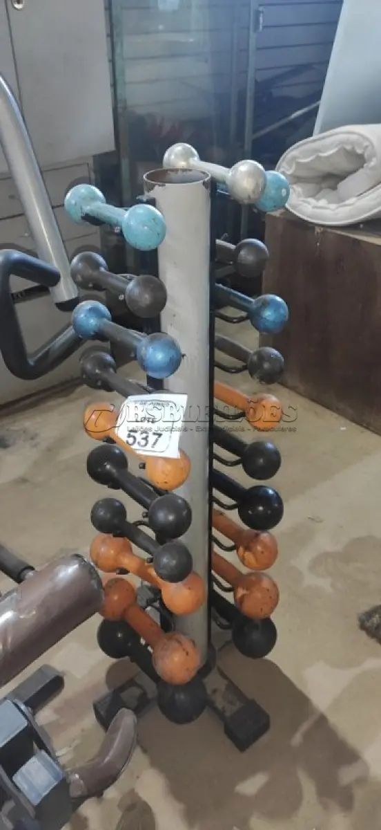 LOTE 537 - 10 PARES DE HALTERES COM SUPORTE. (NO ESTADO) ATENÇÃO! FAZER A VISITAÇÃO ANTES DE ARREMATAR, NÃO SABEMOS SE FUNCIONA, LEILÃO NÃO TEM GARANTIA E NEM DEVOLUÇÃO, SUJEITO A POSSÍVEIS AVARIAS VISÍVEIS/OCULTAS E/OU AUSÊNCIA DE COMPONENTES.
