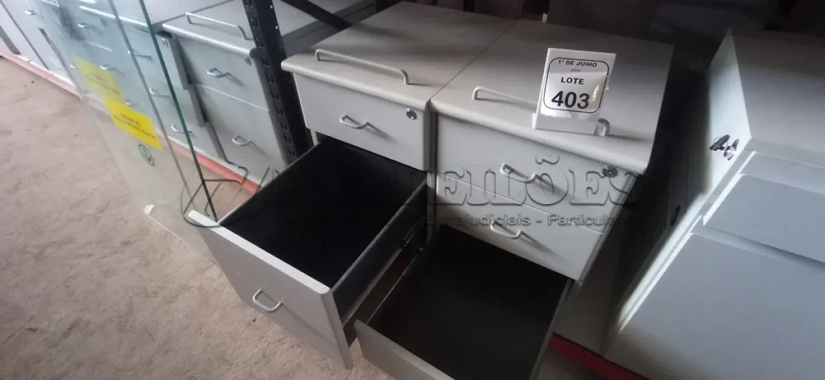 LOTE 403 - 02 GAVETEIROS PEQUENOS. (NO ESTADO) ATENÇÃO! FAZER A VISITAÇÃO ANTES DE ARREMATAR, NÃO SABEMOS SE FUNCIONA, LEILÃO NÃO TEM GARANTIA E NEM DEVOLUÇÃO, SUJEITO A POSSÍVEIS AVARIAS VISÍVEIS/OCULTAS E/OU AUSÊNCIA DE COMPONENTES.