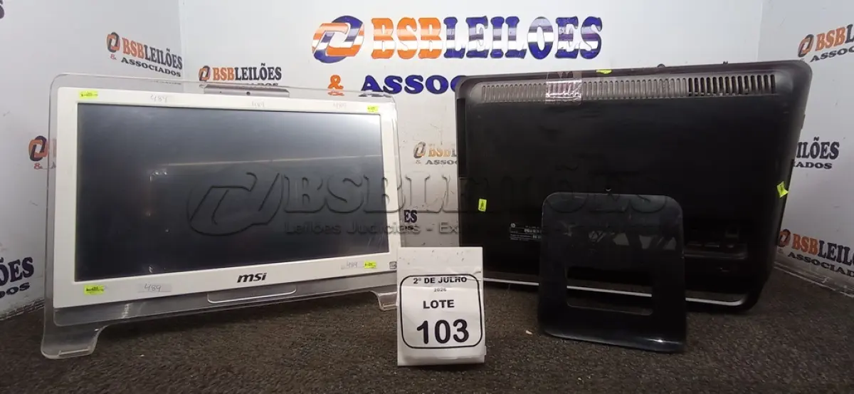LOTE 103 - 02 COMPUTADORES ALL IN ONE MARCAS MSI E HP. (NO ESTADO) ATENÇÃO! FAZER A VISITAÇÃO ANTES DE ARREMATAR, NÃO SABEMOS SE FUNCIONA, LEILÃO NÃO TEM GARANTIA E NEM DEVOLUÇÃO, SUJEITO A POSSÍVEIS AVARIAS VISÍVEIS/OCULTAS E/OU AUSÊNCIA DE COMPONENTES.