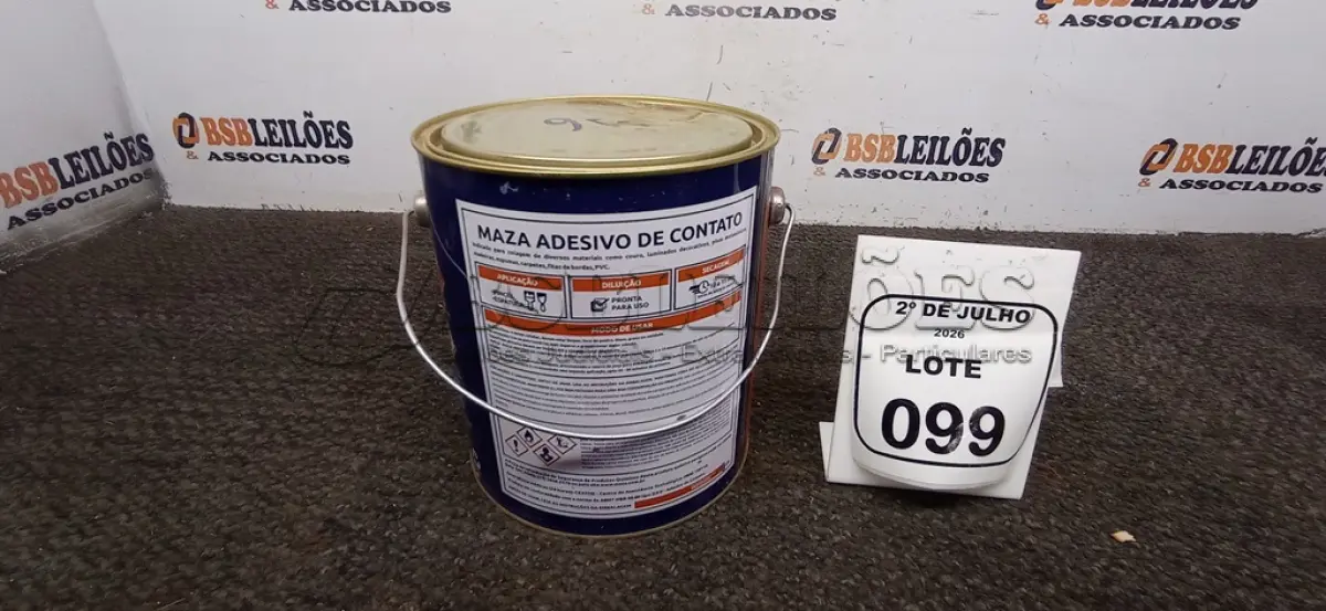 LOTE 099 - 01 LATA DE ADESIVO DE CONTATO 2,80KG MARCA MAZA. (NO ESTADO) ATENÇÃO! FAZER A VISITAÇÃO ANTES DE ARREMATAR, NÃO SABEMOS SE FUNCIONA, LEILÃO NÃO TEM GARANTIA E NEM DEVOLUÇÃO, SUJEITO A POSSÍVEIS AVARIAS VISÍVEIS/OCULTAS E/OU AUSÊNCIA DE COMPONENTES.