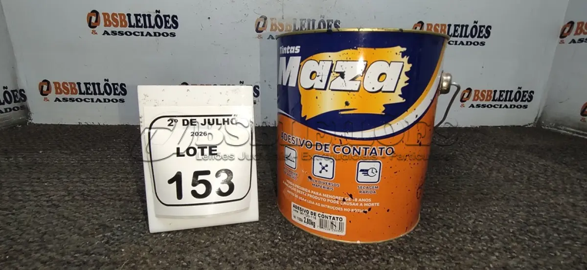 LOTE 153 - 01 LATA DE ADESIVO DE CONTATO 2,80KG MARCA MAZA. (NO ESTADO) ATENÇÃO! FAZER A VISITAÇÃO ANTES DE ARREMATAR, NÃO SABEMOS SE FUNCIONA, LEILÃO NÃO TEM GARANTIA E NEM DEVOLUÇÃO, SUJEITO A POSSÍVEIS AVARIAS VISÍVEIS/OCULTAS E/OU AUSÊNCIA DE COMPONENTES.