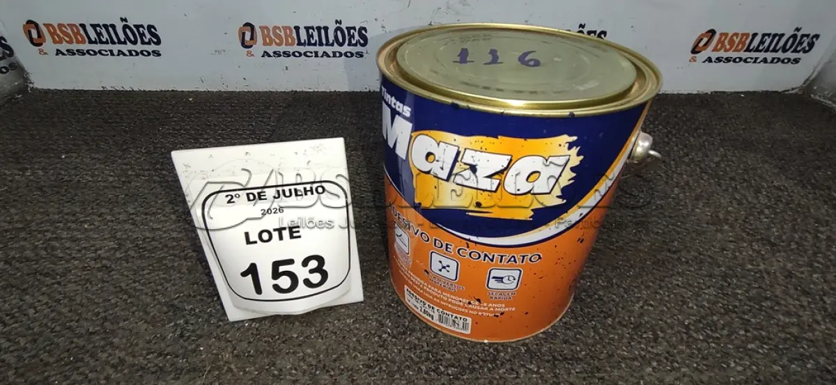 LOTE 153 - 01 LATA DE ADESIVO DE CONTATO 2,80KG MARCA MAZA. (NO ESTADO) ATENÇÃO! FAZER A VISITAÇÃO ANTES DE ARREMATAR, NÃO SABEMOS SE FUNCIONA, LEILÃO NÃO TEM GARANTIA E NEM DEVOLUÇÃO, SUJEITO A POSSÍVEIS AVARIAS VISÍVEIS/OCULTAS E/OU AUSÊNCIA DE COMPONENTES.