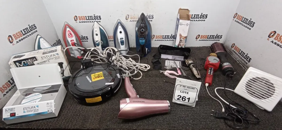 LOTE 261 - 01 MÁQUINA DE CORTAR PELO DE PET, 01 ESTUFA DE ESTERILIZAÇÃO, 01 SECADOR DE CABELO, 01 ESCOVA DE CABELO, 01 EXAUSTOR PEQUENO, 01 MICROFONE E 05 FEROS DE PASSAR DE MARCAS E MODELOS DIVERSOS. (NO ESTADO) ATENÇÃO! FAZER A VISITAÇÃO ANTES DE ARREMATAR, NÃO SABEMOS SE FUNCIONA, LEILÃO NÃO TEM GARANTIA E NEM DEVOLUÇÃO, SUJEITO A POSSÍVEIS AVARIAS VISÍVEIS/OCULTAS E/OU AUSÊNCIA DE COMPONENTES.