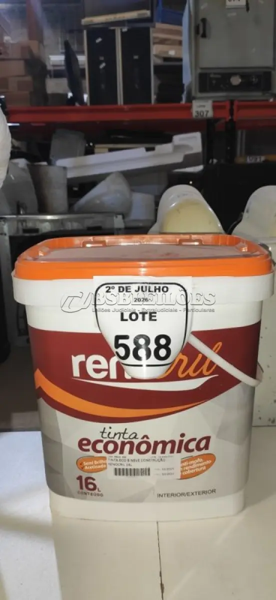 LOTE 588 - 01 BALDE DE TINTA ECONÔMICA 16L NA COR BRANCO NEVE MARCA RENOCRIL. (NO ESTADO) ATENÇÃO! FAZER A VISITAÇÃO ANTES DE ARREMATAR, NÃO SABEMOS SE FUNCIONA, LEILÃO NÃO TEM GARANTIA E NEM DEVOLUÇÃO, SUJEITO A POSSÍVEIS AVARIAS VISÍVEIS/OCULTAS E/OU AUSÊNCIA DE COMPONENTES.