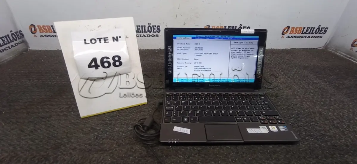 LOTE 468 -  01 NETEBOOK LENOVO SEM FONTE. (NO ESTADO) ATENÇÃO! FAZER A VISITAÇÃO ANTES DE ARREMATAR, NÃO SABEMOS SE FUNCIONA, LEILÃO NÃO TEM GARANTIA E NEM DEVOLUÇÃO, SUJEITO A POSSÍVEIS AVARIAS VISÍVEIS/OCULTAS E/OU AUSÊNCIA DE COMPONENTES.