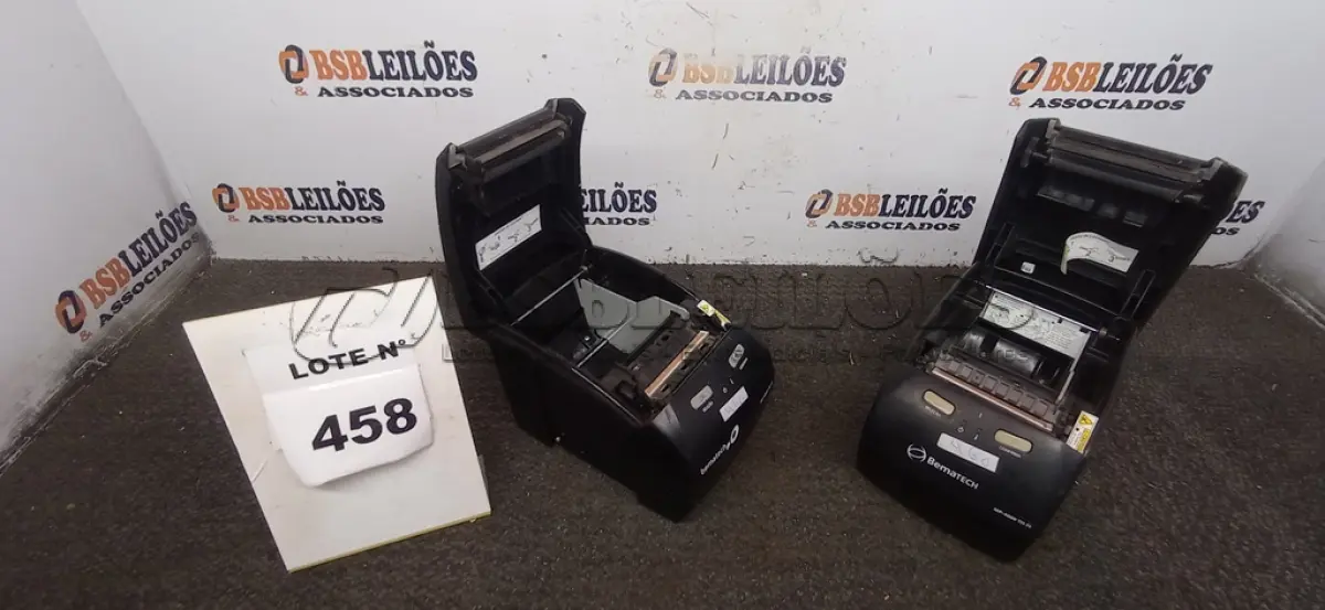 LOTE 458 - 02 IMPRESSORAS TÊRMICAS BEMATECH.  (NO ESTADO) ATENÇÃO! FAZER A VISITAÇÃO ANTES DE ARREMATAR, NÃO SABEMOS SE FUNCIONA, LEILÃO NÃO TEM GARANTIA E NEM DEVOLUÇÃO, SUJEITO A POSSÍVEIS AVARIAS VISÍVEIS/OCULTAS E/OU AUSÊNCIA DE COMPONENTES.