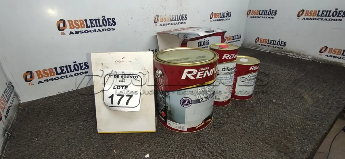 LOTE 177 - 01 GALÃO DE ESMALTE PU DE 2,7L, 01 LATA DE CATALISADOR DE 900ML E 01 LATA DE DILUENTE DE 900ML MARCA RENNER. (NO ESTADO) ATENÇÃO! FAZER A VISITAÇÃO ANTES DE ARREMATAR, NÃO SABEMOS SE FUNCIONA, LEILÃO NÃO TEM GARANTIA E NEM DEVOLUÇÃO, SUJEITO A POSSÍVEIS AVARIAS VISÍVEIS/OCULTAS E/OU AUSÊNCIA DE COMPONENTES.