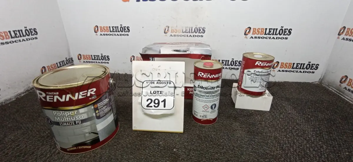 LOTE 291 - 01 GALÃO DE ESMALTE PU DE 2,7L, 01 LATA DE CATALISADOR DE 900ML E 01 LATA DE DILUENTE DE 900ML MARCA RENNER. (NO ESTADO) ATENÇÃO! FAZER A VISITAÇÃO ANTES DE ARREMATAR, NÃO SABEMOS SE FUNCIONA, LEILÃO NÃO TEM GARANTIA E NEM DEVOLUÇÃO, SUJEITO A POSSÍVEIS AVARIAS VISÍVEIS/OCULTAS E/OU AUSÊNCIA DE COMPONENTES.