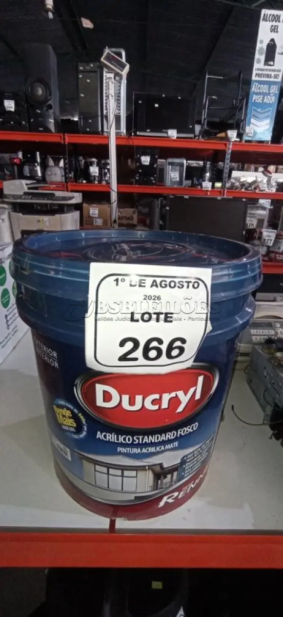 LOTE 266 - 01 BALDE DE TINTA ACRÍLICA NA COR CÉU VERÃO FOSCO DE 18L MARCA DUCRYL. (NO ESTADO) ATENÇÃO! FAZER A VISITAÇÃO ANTES DE ARREMATAR, NÃO SABEMOS SE FUNCIONA, LEILÃO NÃO TEM GARANTIA E NEM DEVOLUÇÃO, SUJEITO A POSSÍVEIS AVARIAS VISÍVEIS/OCULTAS E/OU AUSÊNCIA DE COMPONENTES.