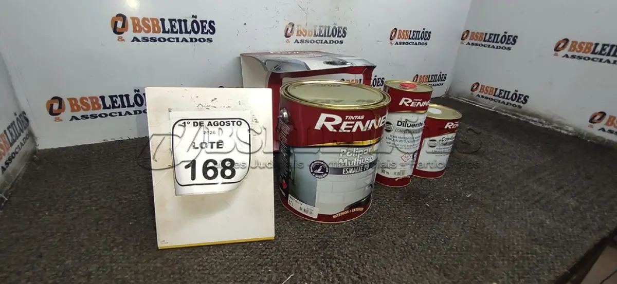 LOTE 168 - 01 GALÃO DE ESMALTE PU DE 2,7L, 01 LATA DE CATALISADOR DE 900ML E 01 LATA DE DILUENTE DE 900ML MARCA RENNER. (NO ESTADO) ATENÇÃO! FAZER A VISITAÇÃO ANTES DE ARREMATAR, NÃO SABEMOS SE FUNCIONA, LEILÃO NÃO TEM GARANTIA E NEM DEVOLUÇÃO, SUJEITO A POSSÍVEIS AVARIAS VISÍVEIS/OCULTAS E/OU AUSÊNCIA DE COMPONENTES.