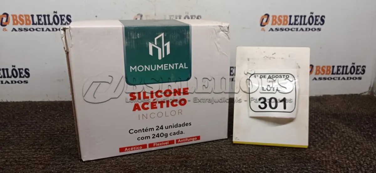 LOTE 301 - 01 CAIXA COM 24 SILICONES ACÉTICO INCOLOR DE 240G CADA MARCA MONUMENTAL. (NO ESTADO) ATENÇÃO! FAZER A VISITAÇÃO ANTES DE ARREMATAR, NÃO SABEMOS SE FUNCIONA, LEILÃO NÃO TEM GARANTIA E NEM DEVOLUÇÃO, SUJEITO A POSSÍVEIS AVARIAS VISÍVEIS/OCULTAS E/OU AUSÊNCIA DE COMPONENTES.
