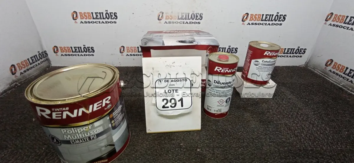 LOTE 291 - 01 GALÃO DE ESMALTE PU DE 2,7L, 01 LATA DE CATALISADOR DE 900ML E 01 LATA DE DILUENTE DE 900ML MARCA RENNER. (NO ESTADO) ATENÇÃO! FAZER A VISITAÇÃO ANTES DE ARREMATAR, NÃO SABEMOS SE FUNCIONA, LEILÃO NÃO TEM GARANTIA E NEM DEVOLUÇÃO, SUJEITO A POSSÍVEIS AVARIAS VISÍVEIS/OCULTAS E/OU AUSÊNCIA DE COMPONENTES.