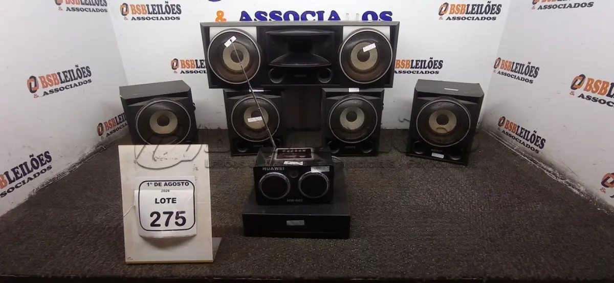 LOTE 275 - 01 CAIXINHA DE SOM MARCA HUAWEI, 01 AMPLIFICADOR SURROUND MARCA SONY E 05 CAIXAS DE SOM MARCA SONY. (NO ESTADO) ATENÇÃO! FAZER A VISITAÇÃO ANTES DE ARREMATAR, NÃO SABEMOS SE FUNCIONA, LEILÃO NÃO TEM GARANTIA E NEM DEVOLUÇÃO, SUJEITO A POSSÍVEIS AVARIAS VISÍVEIS/OCULTAS E/OU AUSÊNCIA DE COMPONENTES.