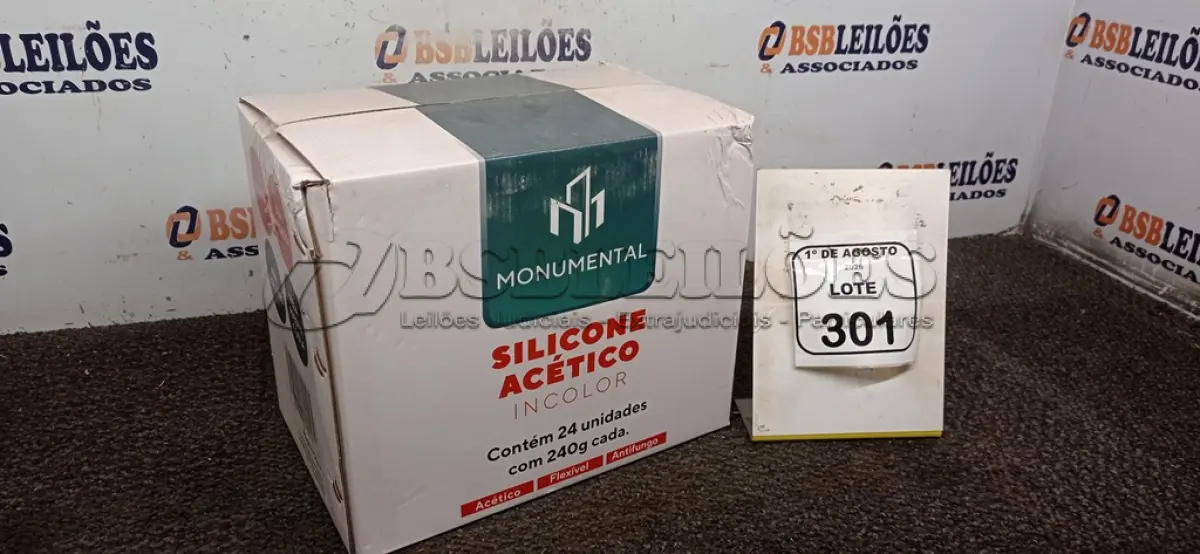 LOTE 301 - 01 CAIXA COM 24 SILICONES ACÉTICO INCOLOR DE 240G CADA MARCA MONUMENTAL. (NO ESTADO) ATENÇÃO! FAZER A VISITAÇÃO ANTES DE ARREMATAR, NÃO SABEMOS SE FUNCIONA, LEILÃO NÃO TEM GARANTIA E NEM DEVOLUÇÃO, SUJEITO A POSSÍVEIS AVARIAS VISÍVEIS/OCULTAS E/OU AUSÊNCIA DE COMPONENTES.