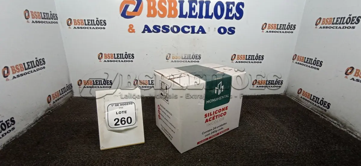 LOTE 260 - 01 CAIXA COM 24 SILICONES ACÉTICO INCOLOR DE 240G CADA MARCA MONUMENTAL. (NO ESTADO) ATENÇÃO! FAZER A VISITAÇÃO ANTES DE ARREMATAR, NÃO SABEMOS SE FUNCIONA, LEILÃO NÃO TEM GARANTIA E NEM DEVOLUÇÃO, SUJEITO A POSSÍVEIS AVARIAS VISÍVEIS/OCULTAS E/OU AUSÊNCIA DE COMPONENTES.