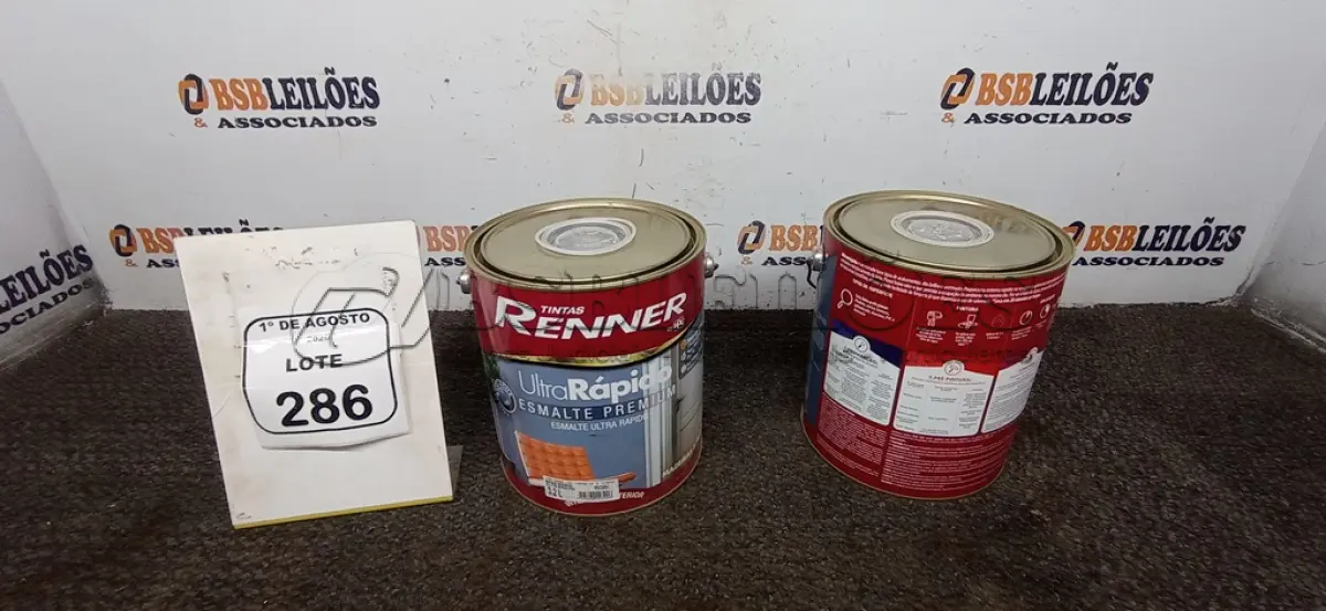 LOTE 286 - 02 LATAS DE ESMALTE SINTÉTICO BASE INTENSA ALTO BRILHO DE 3,2L MARCA RENNER. (NO ESTADO) ATENÇÃO! FAZER A VISITAÇÃO ANTES DE ARREMATAR, NÃO SABEMOS SE FUNCIONA, LEILÃO NÃO TEM GARANTIA E NEM DEVOLUÇÃO, SUJEITO A POSSÍVEIS AVARIAS VISÍVEIS/OCULTAS E/OU AUSÊNCIA DE COMPONENTES.