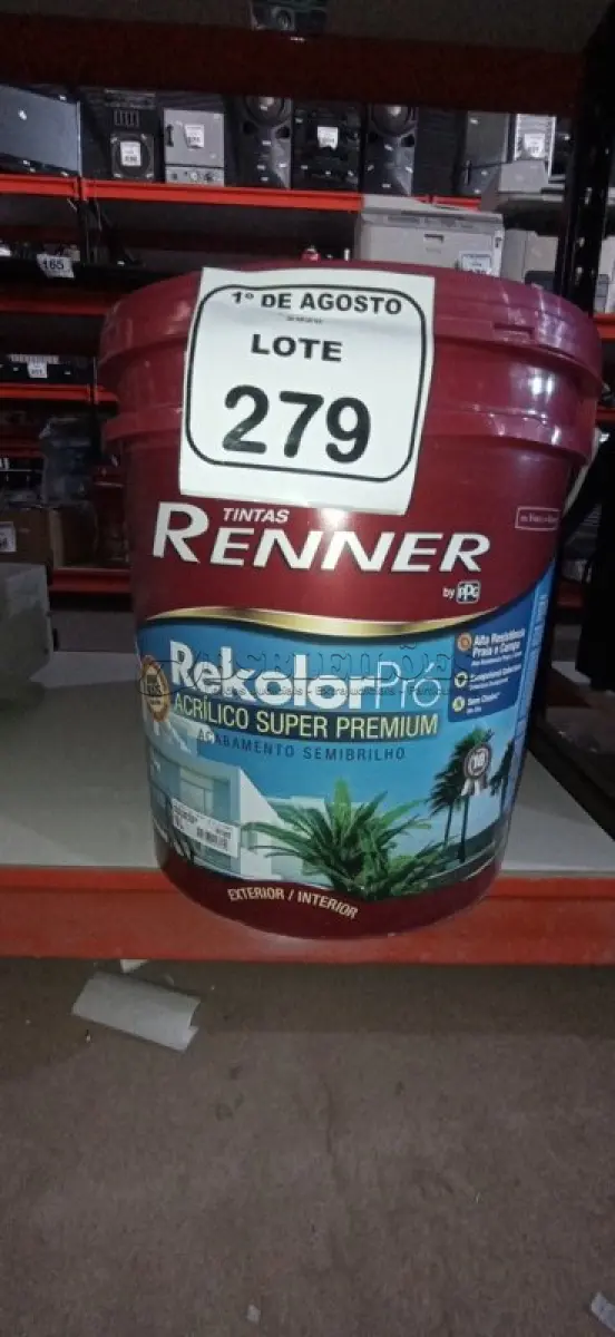 LOTE 279 - 01 BALDE DE TINTA DE ACRÍLICA SUPER PREMIUM 16L NA COR BASE INTENSA SEMI BRILHO MARCA RENNER.  (NO ESTADO) ATENÇÃO! FAZER A VISITAÇÃO ANTES DE ARREMATAR, NÃO SABEMOS SE FUNCIONA, LEILÃO NÃO TEM GARANTIA E NEM DEVOLUÇÃO, SUJEITO A POSSÍVEIS AVARIAS VISÍVEIS/OCULTAS E/OU AUSÊNCIA DE COMPONENTES.