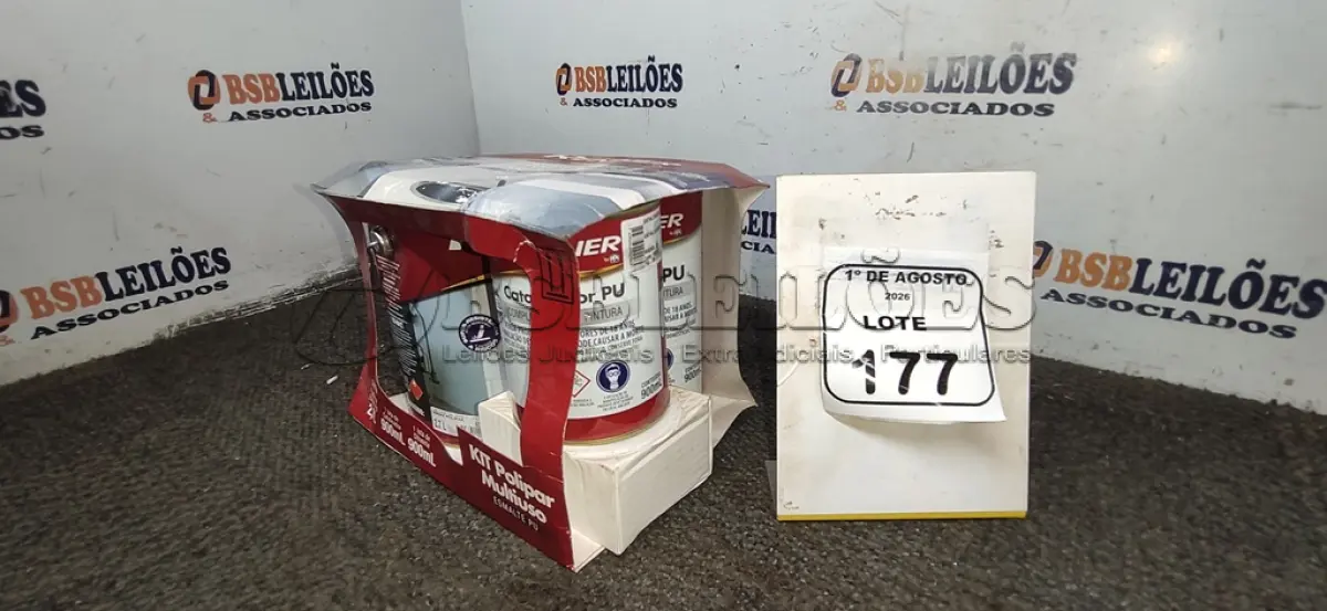 LOTE 177 - 01 GALÃO DE ESMALTE PU DE 2,7L, 01 LATA DE CATALISADOR DE 900ML E 01 LATA DE DILUENTE DE 900ML MARCA RENNER. (NO ESTADO) ATENÇÃO! FAZER A VISITAÇÃO ANTES DE ARREMATAR, NÃO SABEMOS SE FUNCIONA, LEILÃO NÃO TEM GARANTIA E NEM DEVOLUÇÃO, SUJEITO A POSSÍVEIS AVARIAS VISÍVEIS/OCULTAS E/OU AUSÊNCIA DE COMPONENTES.