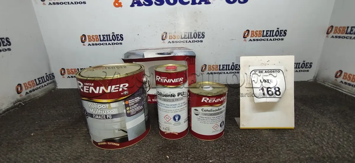 LOTE 168 - 01 GALÃO DE ESMALTE PU DE 2,7L, 01 LATA DE CATALISADOR DE 900ML E 01 LATA DE DILUENTE DE 900ML MARCA RENNER. (NO ESTADO) ATENÇÃO! FAZER A VISITAÇÃO ANTES DE ARREMATAR, NÃO SABEMOS SE FUNCIONA, LEILÃO NÃO TEM GARANTIA E NEM DEVOLUÇÃO, SUJEITO A POSSÍVEIS AVARIAS VISÍVEIS/OCULTAS E/OU AUSÊNCIA DE COMPONENTES.