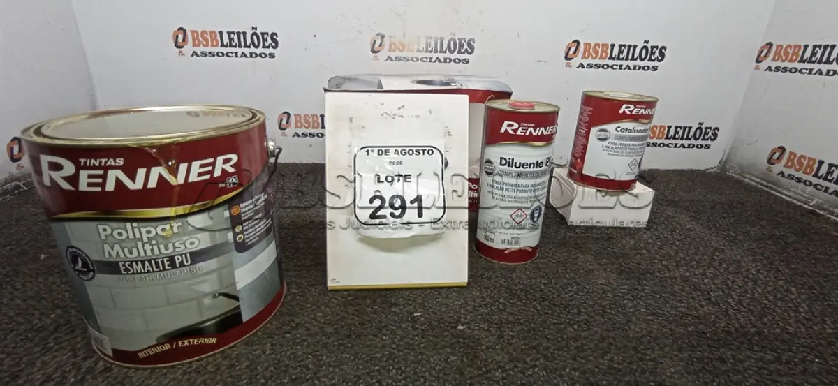 LOTE 291 - 01 GALÃO DE ESMALTE PU DE 2,7L, 01 LATA DE CATALISADOR DE 900ML E 01 LATA DE DILUENTE DE 900ML MARCA RENNER. (NO ESTADO) ATENÇÃO! FAZER A VISITAÇÃO ANTES DE ARREMATAR, NÃO SABEMOS SE FUNCIONA, LEILÃO NÃO TEM GARANTIA E NEM DEVOLUÇÃO, SUJEITO A POSSÍVEIS AVARIAS VISÍVEIS/OCULTAS E/OU AUSÊNCIA DE COMPONENTES.
