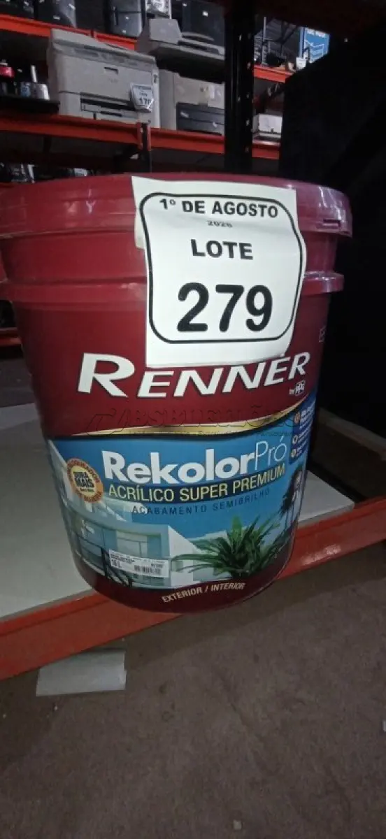 LOTE 279 - 01 BALDE DE TINTA DE ACRÍLICA SUPER PREMIUM 16L NA COR BASE INTENSA SEMI BRILHO MARCA RENNER.  (NO ESTADO) ATENÇÃO! FAZER A VISITAÇÃO ANTES DE ARREMATAR, NÃO SABEMOS SE FUNCIONA, LEILÃO NÃO TEM GARANTIA E NEM DEVOLUÇÃO, SUJEITO A POSSÍVEIS AVARIAS VISÍVEIS/OCULTAS E/OU AUSÊNCIA DE COMPONENTES.