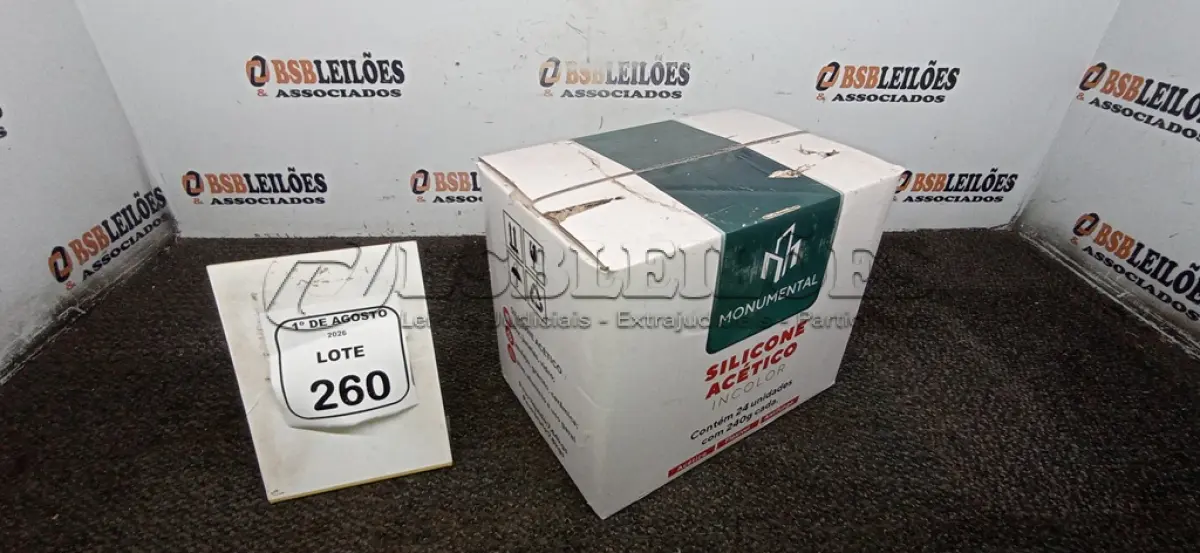 LOTE 260 - 01 CAIXA COM 24 SILICONES ACÉTICO INCOLOR DE 240G CADA MARCA MONUMENTAL. (NO ESTADO) ATENÇÃO! FAZER A VISITAÇÃO ANTES DE ARREMATAR, NÃO SABEMOS SE FUNCIONA, LEILÃO NÃO TEM GARANTIA E NEM DEVOLUÇÃO, SUJEITO A POSSÍVEIS AVARIAS VISÍVEIS/OCULTAS E/OU AUSÊNCIA DE COMPONENTES.