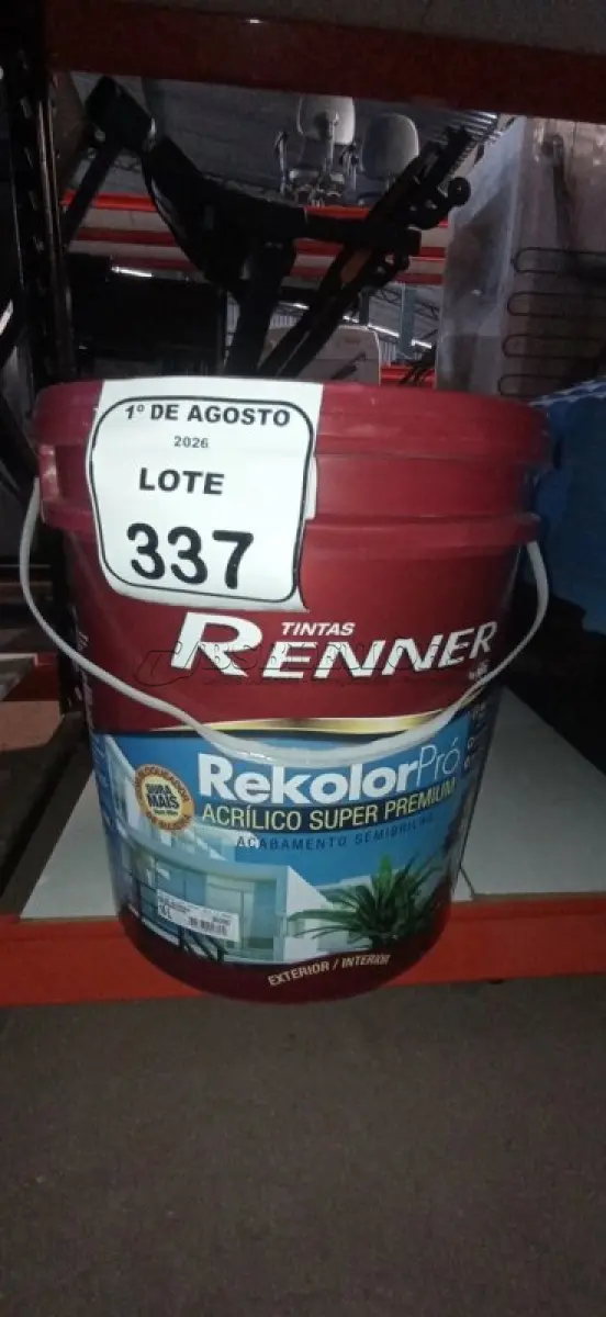 LOTE 337 - 01 BALDE DE TINTA DE ACRÍLICA SUPER PREMIUM 16L NA COR BASE INTENSA SEMI BRILHO MARCA RENNER.  (NO ESTADO) ATENÇÃO! FAZER A VISITAÇÃO ANTES DE ARREMATAR, NÃO SABEMOS SE FUNCIONA, LEILÃO NÃO TEM GARANTIA E NEM DEVOLUÇÃO, SUJEITO A POSSÍVEIS AVARIAS VISÍVEIS/OCULTAS E/OU AUSÊNCIA DE COMPONENTES.