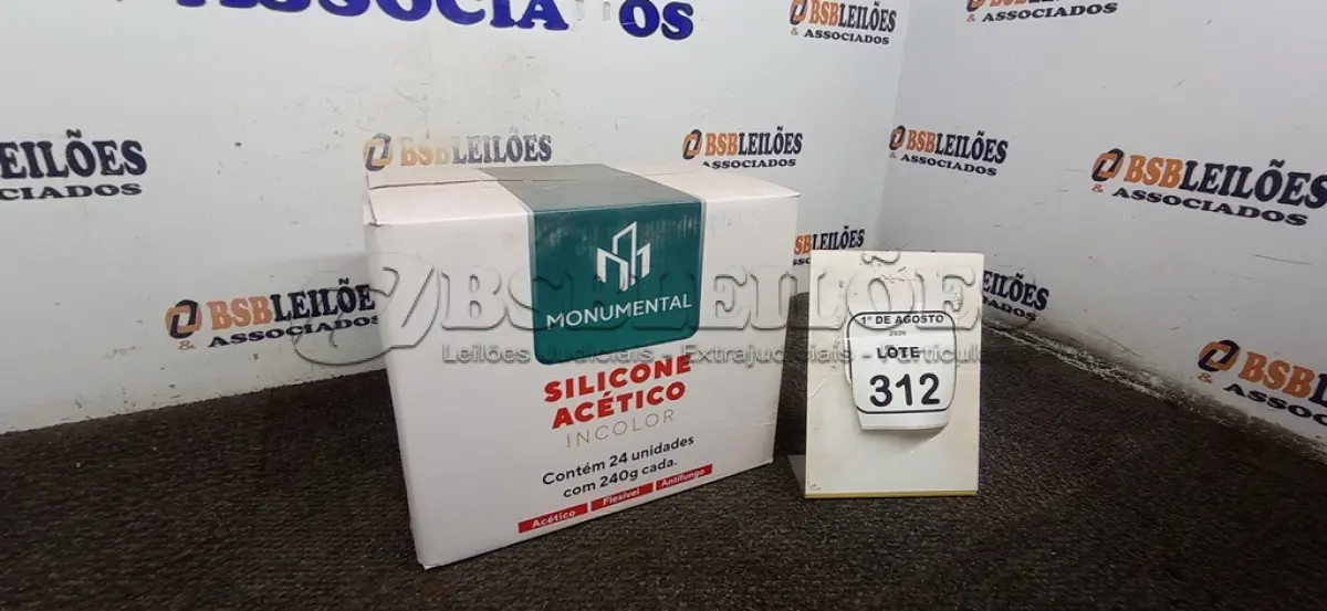 LOTE 312 - 01 CAIXA COM 24 SILICONES ACÉTICO INCOLOR DE 240G CADA MARCA MONUMENTAL. (NO ESTADO) ATENÇÃO! FAZER A VISITAÇÃO ANTES DE ARREMATAR, NÃO SABEMOS SE FUNCIONA, LEILÃO NÃO TEM GARANTIA E NEM DEVOLUÇÃO, SUJEITO A POSSÍVEIS AVARIAS VISÍVEIS/OCULTAS E/OU AUSÊNCIA DE COMPONENTES.