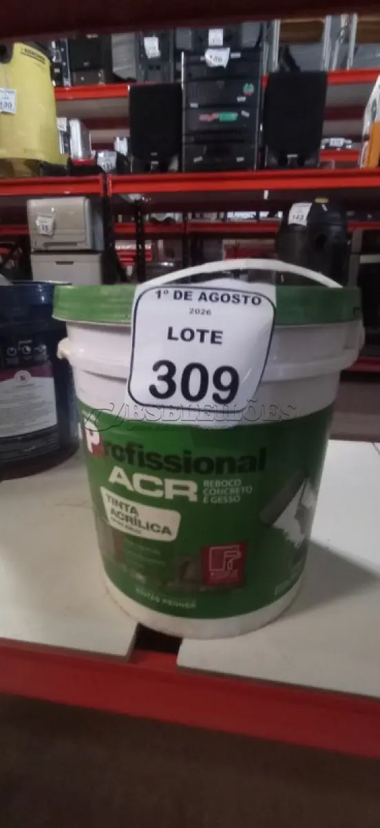 LOTE 309 - 01 BALDE DE TINTA ACRÍLICA NA COR PÊSSEGO FOSCO 3037 DE 18L MARCA PROFISSIONAL ACR. (NO ESTADO) ATENÇÃO! FAZER A VISITAÇÃO ANTES DE ARREMATAR, NÃO SABEMOS SE FUNCIONA, LEILÃO NÃO TEM GARANTIA E NEM DEVOLUÇÃO, SUJEITO A POSSÍVEIS AVARIAS VISÍVEIS/OCULTAS E/OU AUSÊNCIA DE COMPONENTES.