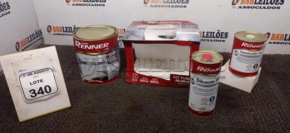 LOTE 340 - 01 GALÃO DE ESMALTE PU DE 2,7L, 01 LATA DE CATALISADOR DE 900ML E 01 LATA DE DILUENTE DE 900ML MARCA RENNER. (NO ESTADO) ATENÇÃO! FAZER A VISITAÇÃO ANTES DE ARREMATAR, NÃO SABEMOS SE FUNCIONA, LEILÃO NÃO TEM GARANTIA E NEM DEVOLUÇÃO, SUJEITO A POSSÍVEIS AVARIAS VISÍVEIS/OCULTAS E/OU AUSÊNCIA DE COMPONENTES.