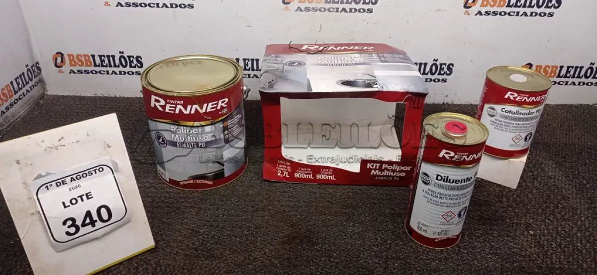 LOTE 340 - 01 GALÃO DE ESMALTE PU DE 2,7L, 01 LATA DE CATALISADOR DE 900ML E 01 LATA DE DILUENTE DE 900ML MARCA RENNER. (NO ESTADO) ATENÇÃO! FAZER A VISITAÇÃO ANTES DE ARREMATAR, NÃO SABEMOS SE FUNCIONA, LEILÃO NÃO TEM GARANTIA E NEM DEVOLUÇÃO, SUJEITO A POSSÍVEIS AVARIAS VISÍVEIS/OCULTAS E/OU AUSÊNCIA DE COMPONENTES.
