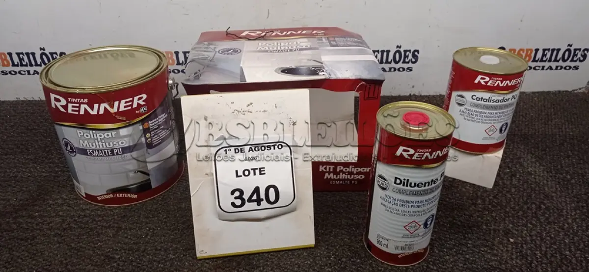 LOTE 340 - 01 GALÃO DE ESMALTE PU DE 2,7L, 01 LATA DE CATALISADOR DE 900ML E 01 LATA DE DILUENTE DE 900ML MARCA RENNER. (NO ESTADO) ATENÇÃO! FAZER A VISITAÇÃO ANTES DE ARREMATAR, NÃO SABEMOS SE FUNCIONA, LEILÃO NÃO TEM GARANTIA E NEM DEVOLUÇÃO, SUJEITO A POSSÍVEIS AVARIAS VISÍVEIS/OCULTAS E/OU AUSÊNCIA DE COMPONENTES.