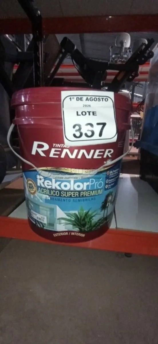 LOTE 337 - 01 BALDE DE TINTA DE ACRÍLICA SUPER PREMIUM 16L NA COR BASE INTENSA SEMI BRILHO MARCA RENNER.  (NO ESTADO) ATENÇÃO! FAZER A VISITAÇÃO ANTES DE ARREMATAR, NÃO SABEMOS SE FUNCIONA, LEILÃO NÃO TEM GARANTIA E NEM DEVOLUÇÃO, SUJEITO A POSSÍVEIS AVARIAS VISÍVEIS/OCULTAS E/OU AUSÊNCIA DE COMPONENTES.