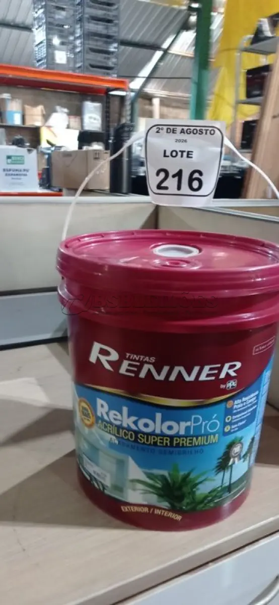 LOTE 216 - 01 BALDE DE TINTA ACRÍLICA SUPER PREMIUM NA COR BASE INTENSA SEMIBRILHO DE 16L MARCA RENNER. (NO ESTADO) ATENÇÃO! FAZER A VISITAÇÃO ANTES DE ARREMATAR, NÃO SABEMOS SE FUNCIONA, LEILÃO NÃO TEM GARANTIA E NEM DEVOLUÇÃO, SUJEITO A POSSÍVEIS AVARIAS VISÍVEIS/OCULTAS E/OU AUSÊNCIA DE COMPONENTES.