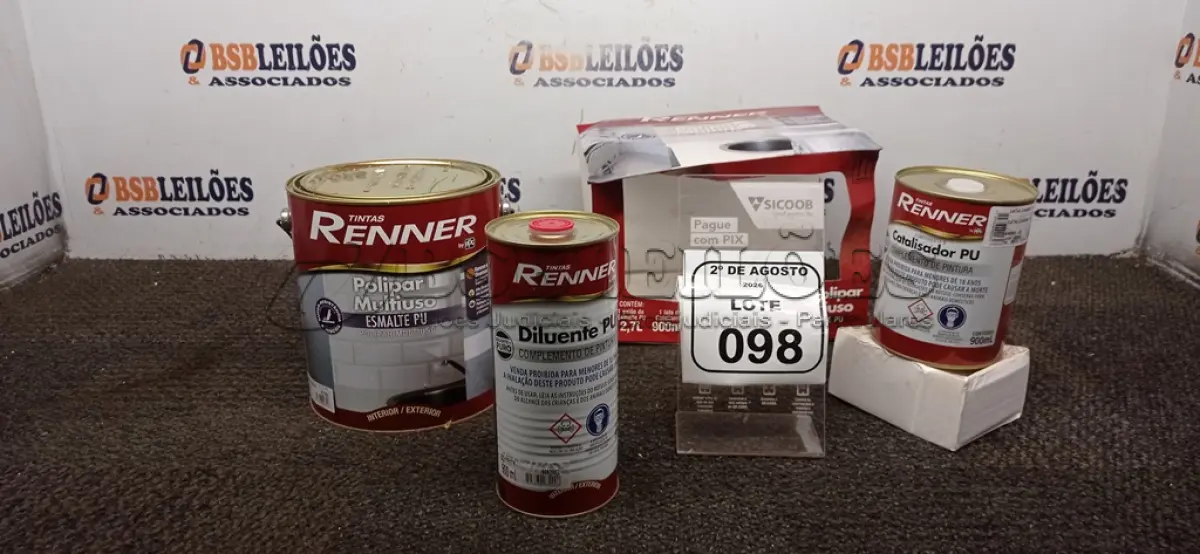 LOTE 098 - 01 LATA DE ESMALTE PU DE 2,7L, 01 LATA DE CATALIZADOR DE 900ML E 01 LATA DE DILUENTE DE 900ML. (NO ESTADO) ATENÇÃO! FAZER A VISITAÇÃO ANTES DE ARREMATAR, NÃO SABEMOS SE FUNCIONA, LEILÃO NÃO TEM GARANTIA E NEM DEVOLUÇÃO, SUJEITO A POSSÍVEIS AVARIAS VISÍVEIS/OCULTAS E/OU AUSÊNCIA DE COMPONENTES.